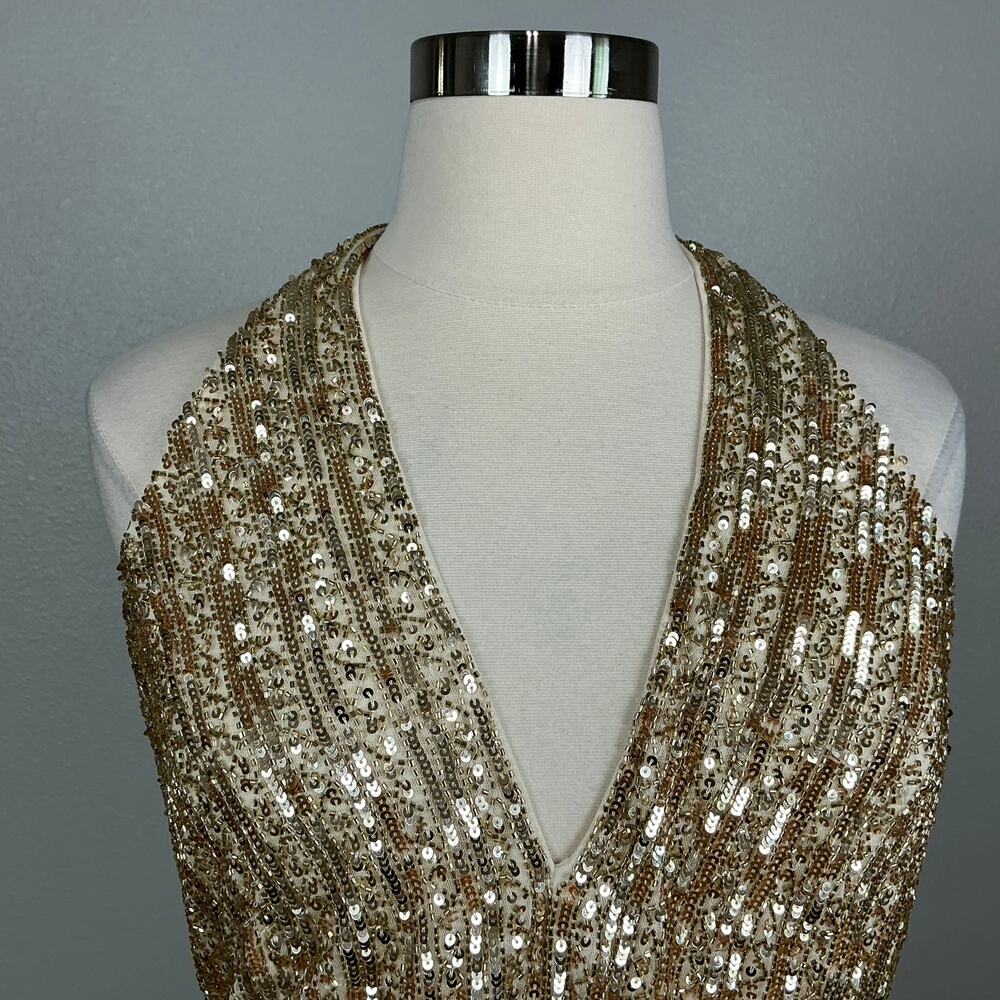 Mac Duggal 5759 Gold Evening Gown Sequined Backless Halter Column Dress Size 16 - Picture 9 of 13